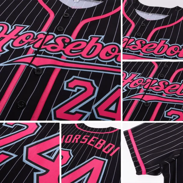 Custom Black White Pinstripe Pink-Light Blue Authentic Baseball Jersey - Image 2