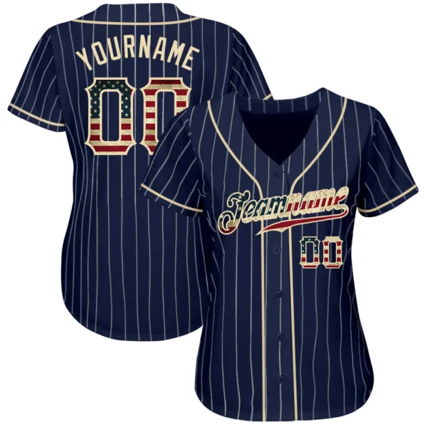 Custom Navy White Pinstripe Vintage USA Flag-Cream Authentic Baseball Jersey - Image 3