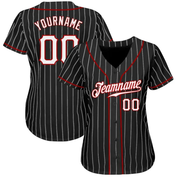 Custom Black White Pinstripe White-Red Authentic Baseball Jersey - Image 3